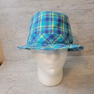 Quiksilver Bucket Hat Youth L/XL Blue Plaid Dinosaurs Y2K Hat Surf Skate